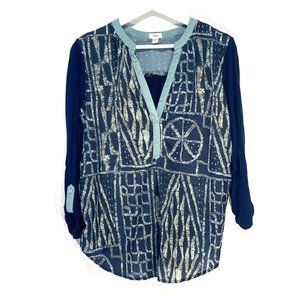 Anthropologie Tiny Brand Mixed Media Boho Printed Roll Tab Blouse Top
